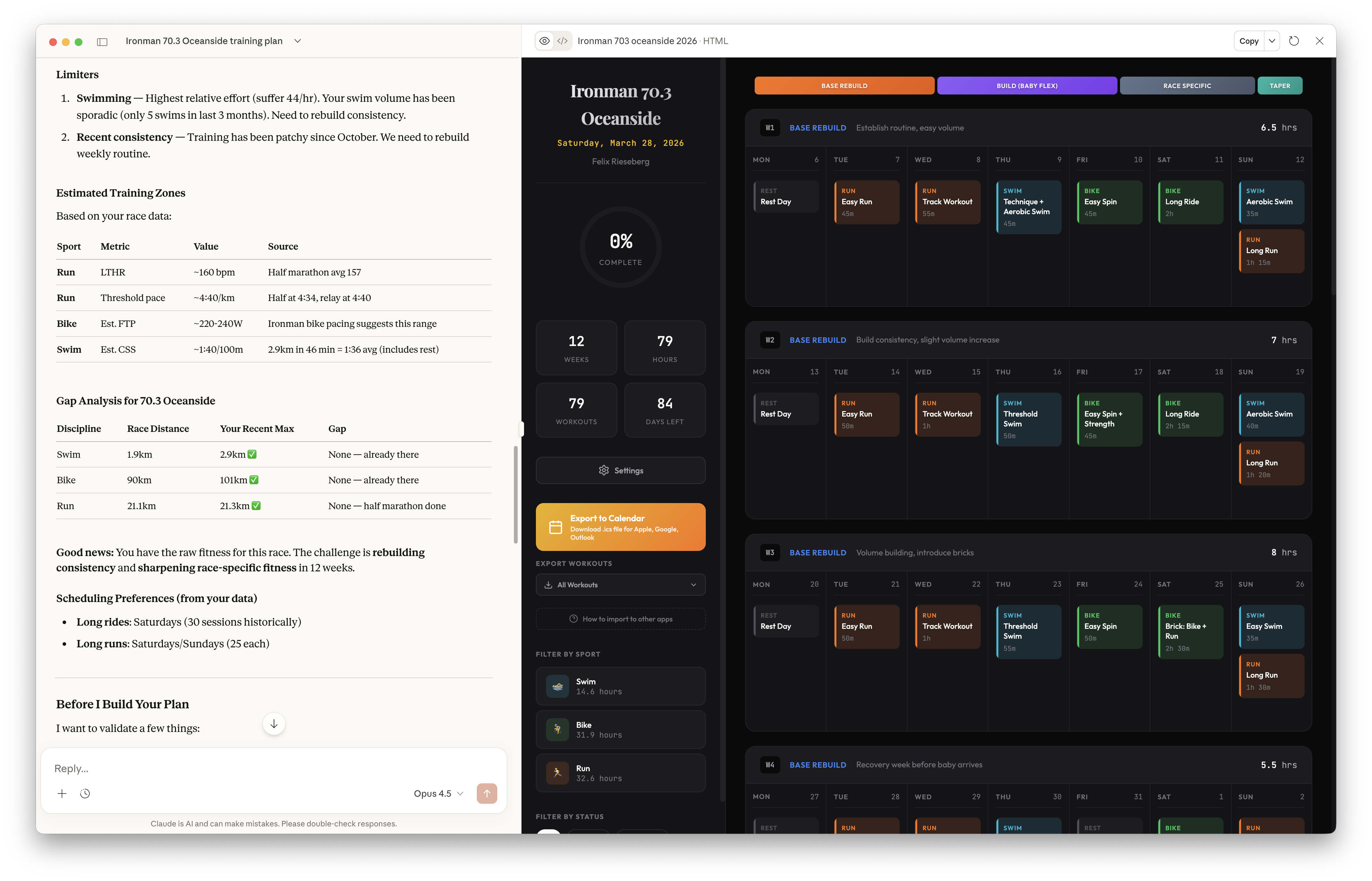 Endurance Coach in action - Endurance Coach generating a training plan alongside the interactive plan viewer
